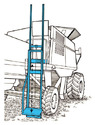 Pen drawing of a combine in black & white with a blue winch-driven lift attached consisting of 2 vertical parallel rails & a platform with handrails attached to ride up & down on the rails