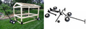 Left pic wood frame chicken tractor with 2 wheels on back & 2 wheels attached to long pulling bar on front. Rt pic of wheels & attachments to make chicken tractor moveable.