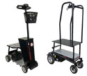 2 battery-powered drivable platform carts. One looks like a 4-wheeled scooter to stand on with a very high steering wheel. The other is similar but has a joystick control.