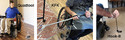 Left pic of man in wheelchair using wrist-activated Quad-Friendly Reacher-Grabber to sweep dirt into dustpan. Center pic of person in wheelchair holding a plunger-activated Quad-Friendly Reacher-Grabber. Rt pic of person using Hook-It Reacher-Grabber.