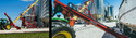 Left pic of X-Tend Retracting Swing Auger attached to John Deere Tractor and grain bin. Rt pic close-up of same auger with arm extending under a semi-trailer.
